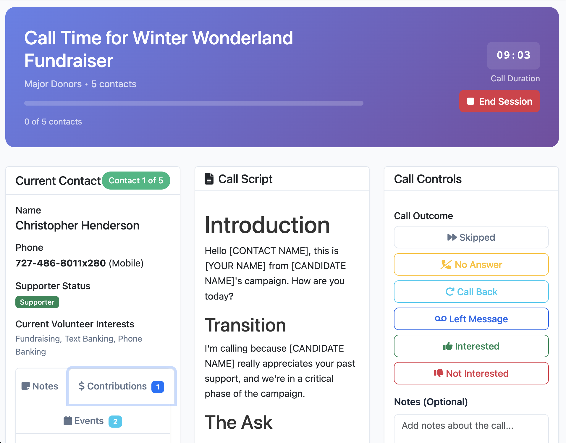 Call time interface with contact info, scripts, and logging