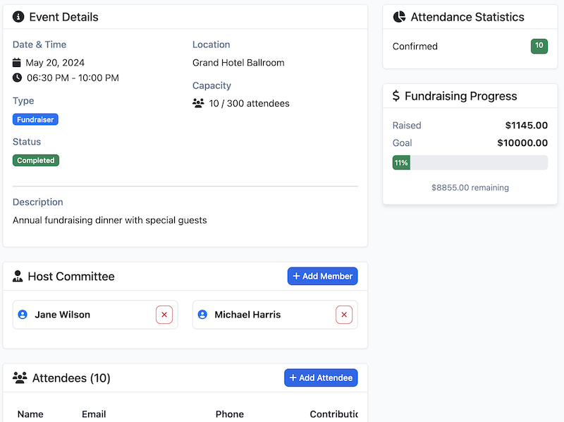 Event management calendar and RSVP tracking